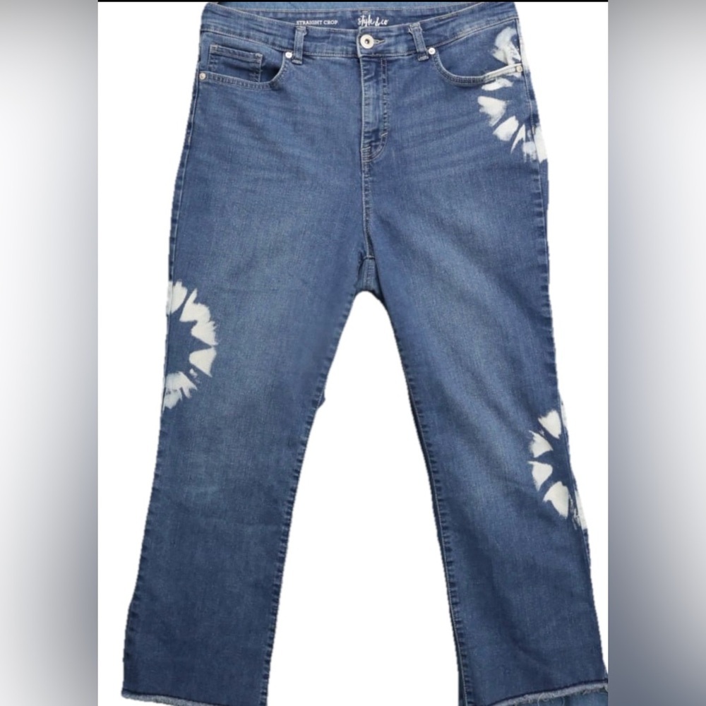Celebrity Pink Blue Ankle Cropped Jeans with Distressed‎ Tie-Dye Design